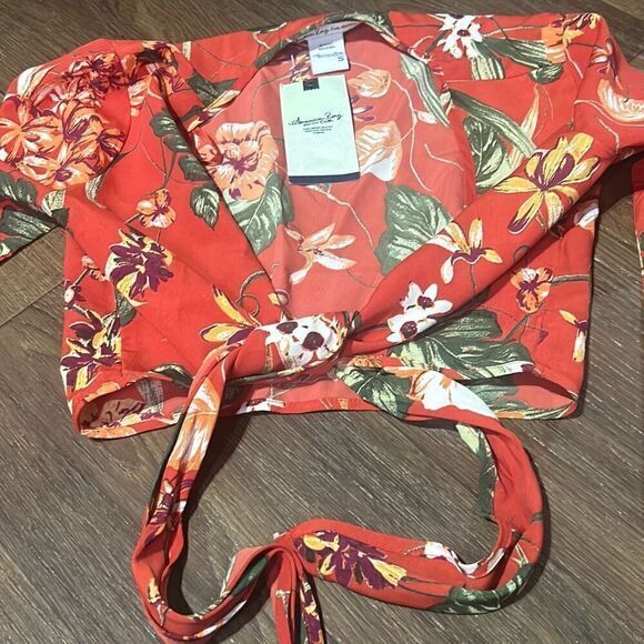 NWT American Rag Womens Coral Cie Floral Tie Front Long‎ Sleeve Crop Top Small - Picture 8 of 8